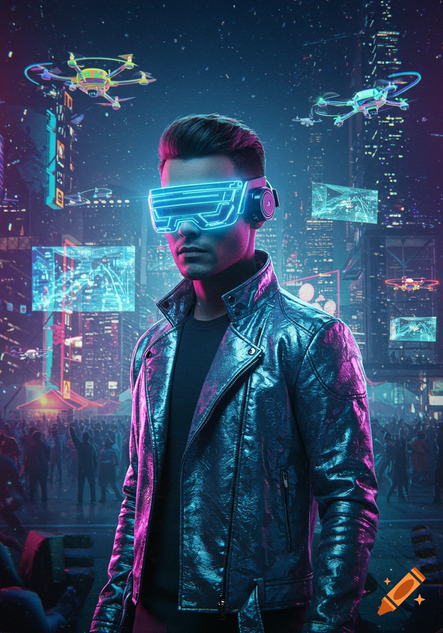 A man with glowing neon VR glasses stands in a vibrant, futuristic cyberpunk city at night with flying drones and glowing screens.