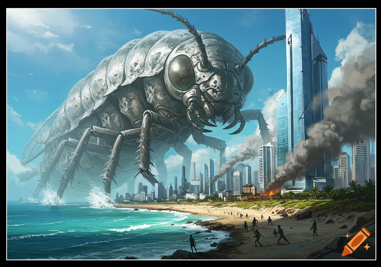A giant armored insect towers over a coastal city, causing destruction as people scatter on the beach and buildings emit smoke.