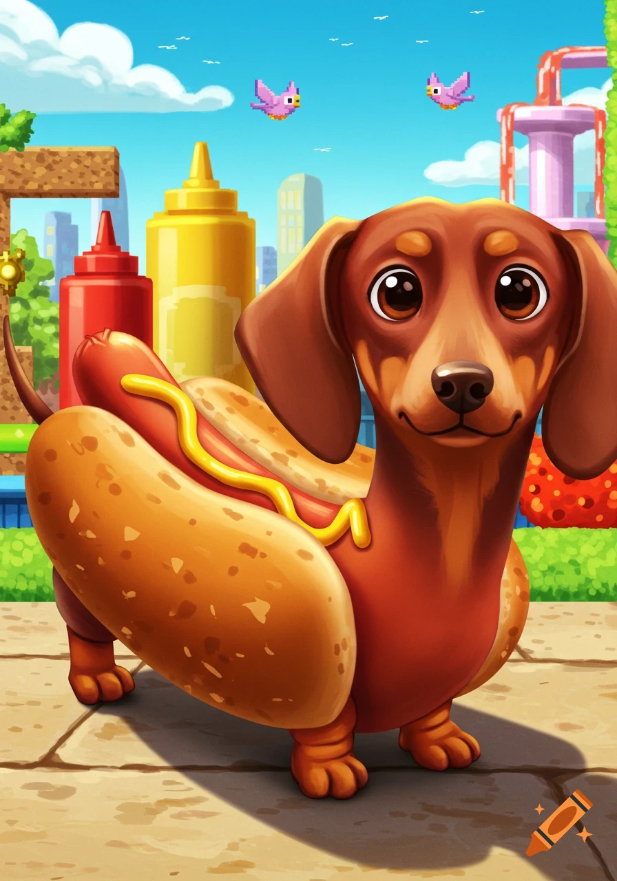 A happy cartoon dachshund dog sits in a hotdog bun with mustard on a sunny city sidewalk, with pixel birds in the sky.