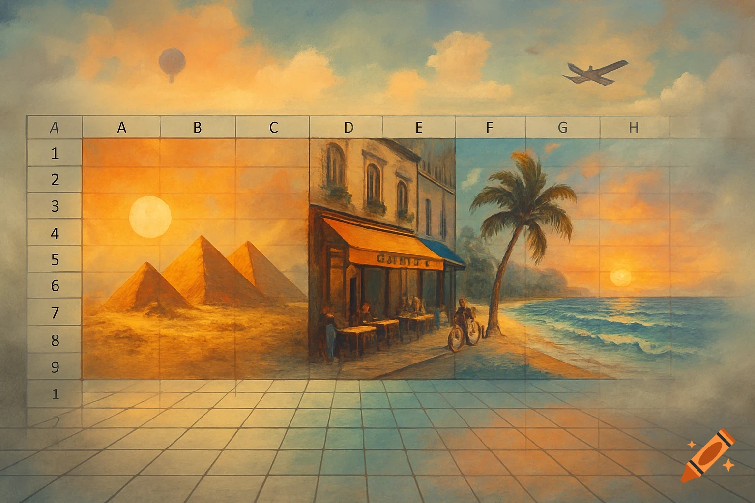 An Excel spreadsheet grid overlays a painting featuring desert pyramids, a city cafe, and a beach with a palm tree at sunset.