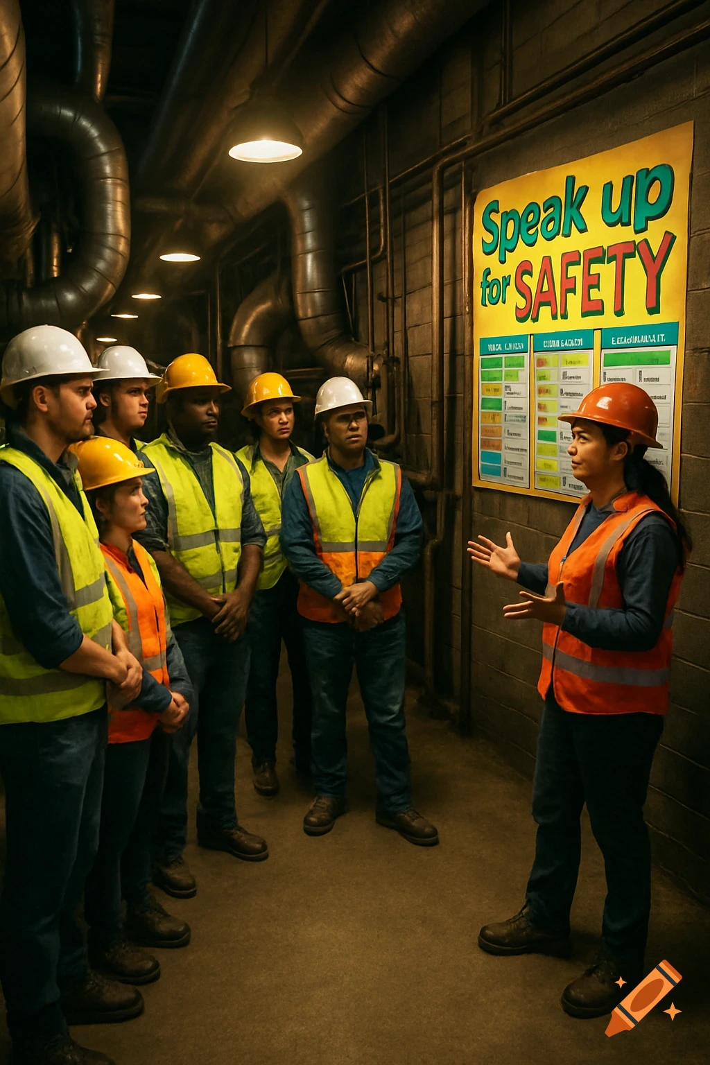 A group of workers in hard hats and safety vests attend a safety meeting in a dimly lit industrial boiler room, standing near a yellow 'Speak up for SAFETY' poster.