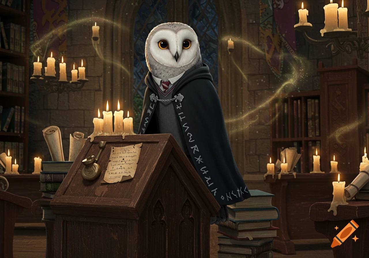 A barn owl in a wizard's cloak and tie stands behind a wooden lectern with a scroll, surrounded by candles in a library.