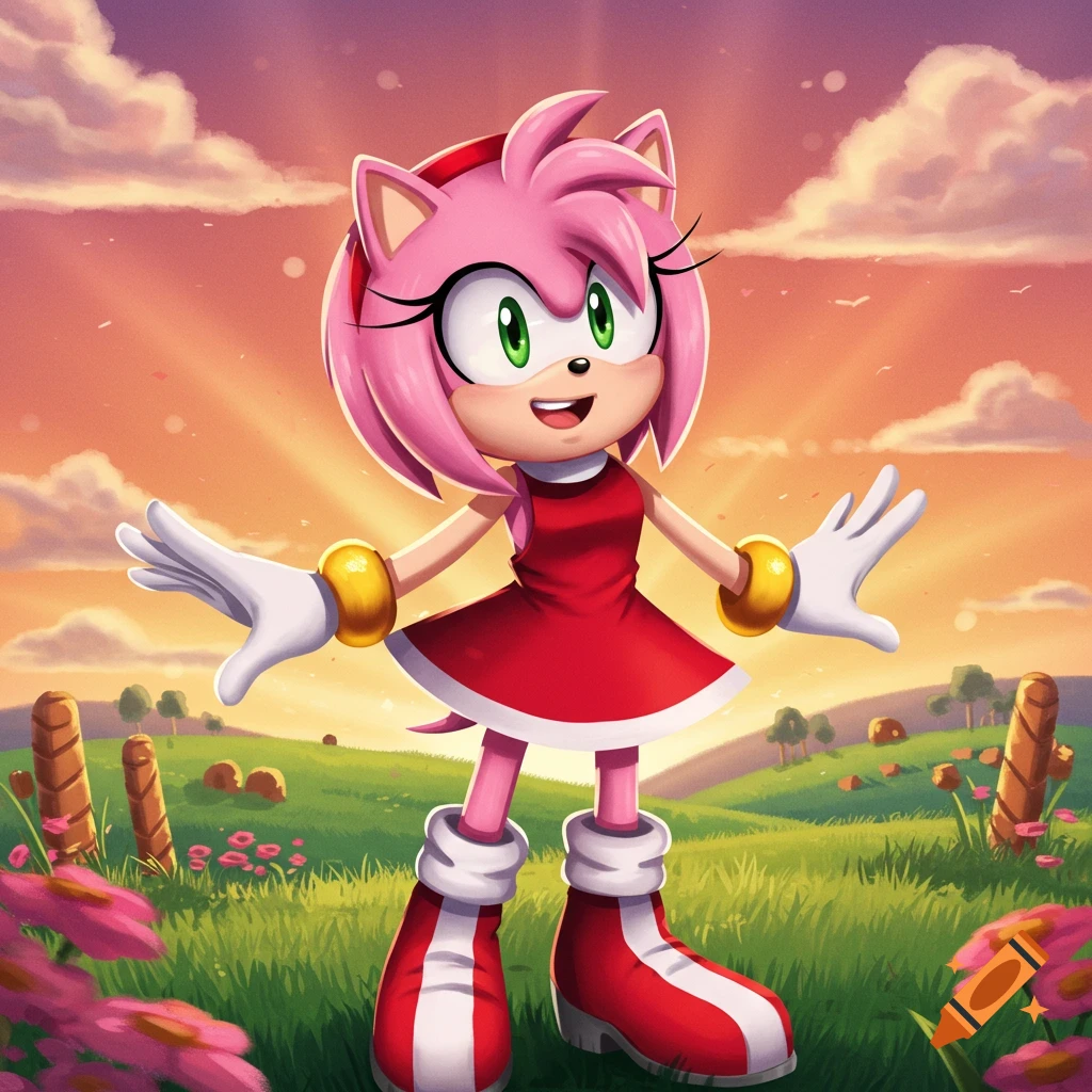 Amy Rose, a pink hedgehog character, stands in a vibrant green field with flowers under a colorful sunset sky.