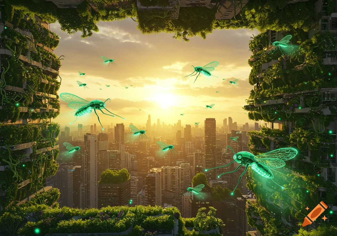 Futuristic cityscape with green, vine-covered skyscrapers and glowing robotic insects flying at sunset.