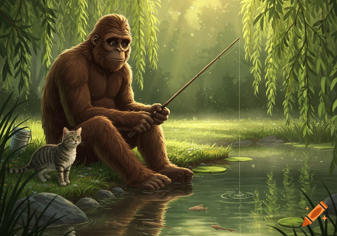 A sasquatch and a striped cat fishing by a pond under weeping willows, digital illustration.