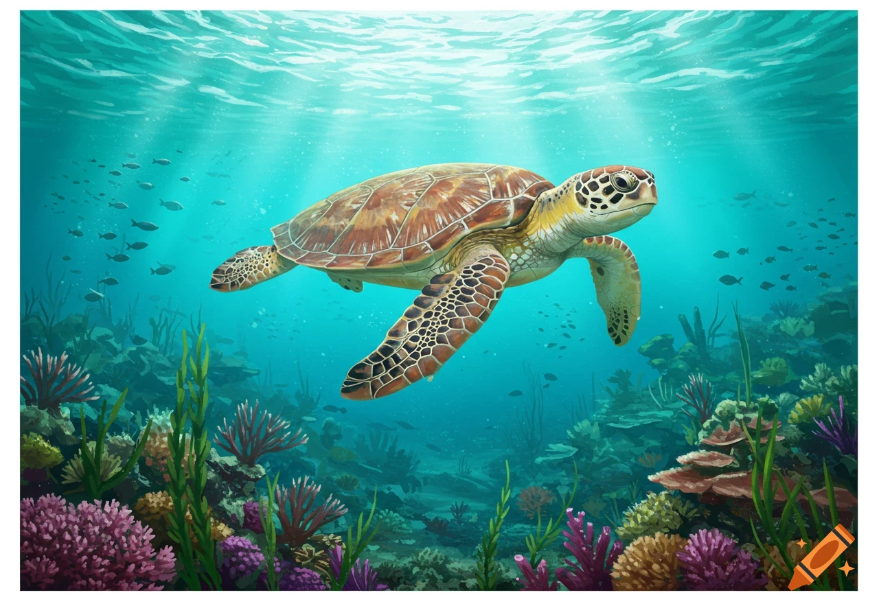 A vibrant illustration of a sea turtle swimming over a colorful coral reef with sunlight beaming from above.