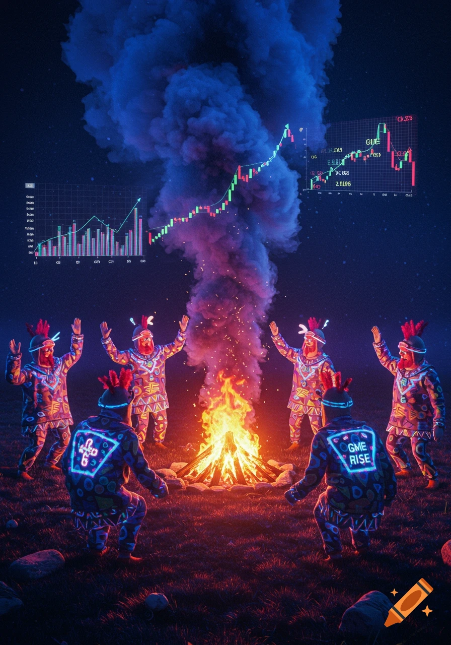 People in colorful, tribal-like suits with glowing patterns perform a ritual around a campfire, with stock charts showing a rising trend floating in the night sky. One suit reads 'GME RISE'.
