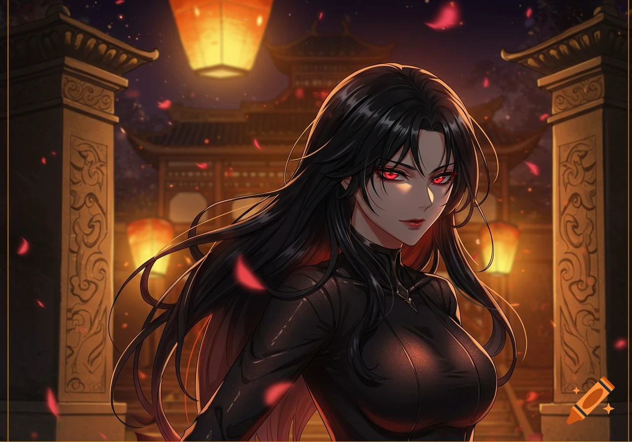 A stunning black-haired woman with glowing red eyes in manhwa style stands at night amidst glowing lanterns and falling red petals.