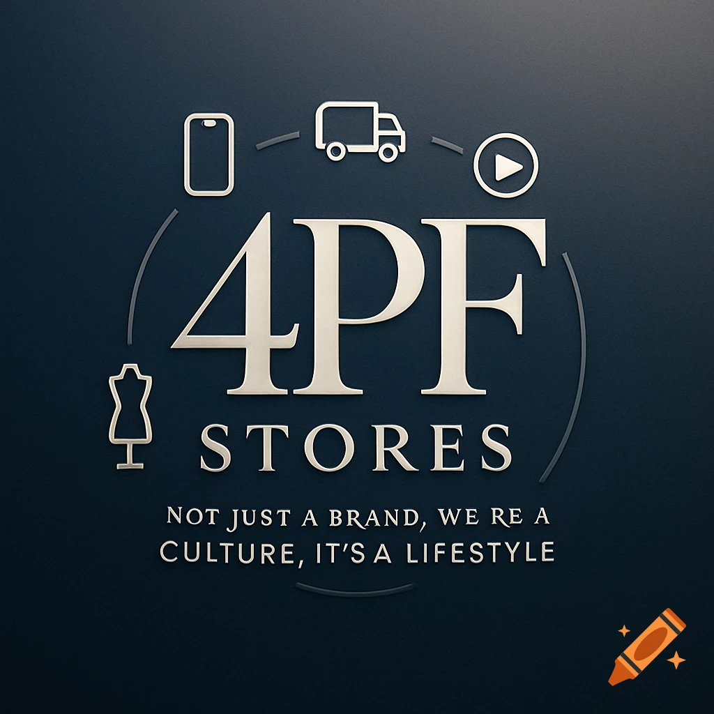 A dark blue business logo featuring the white text "4PF STORES" with a 3D effect. Icons for a phone, truck, play button, and mannequin surround the text, connected by faint curved lines. Below, the motto reads "NOT JUST A BRAND, WE RE A CULTURE, IT'S A LIFESTYLE."