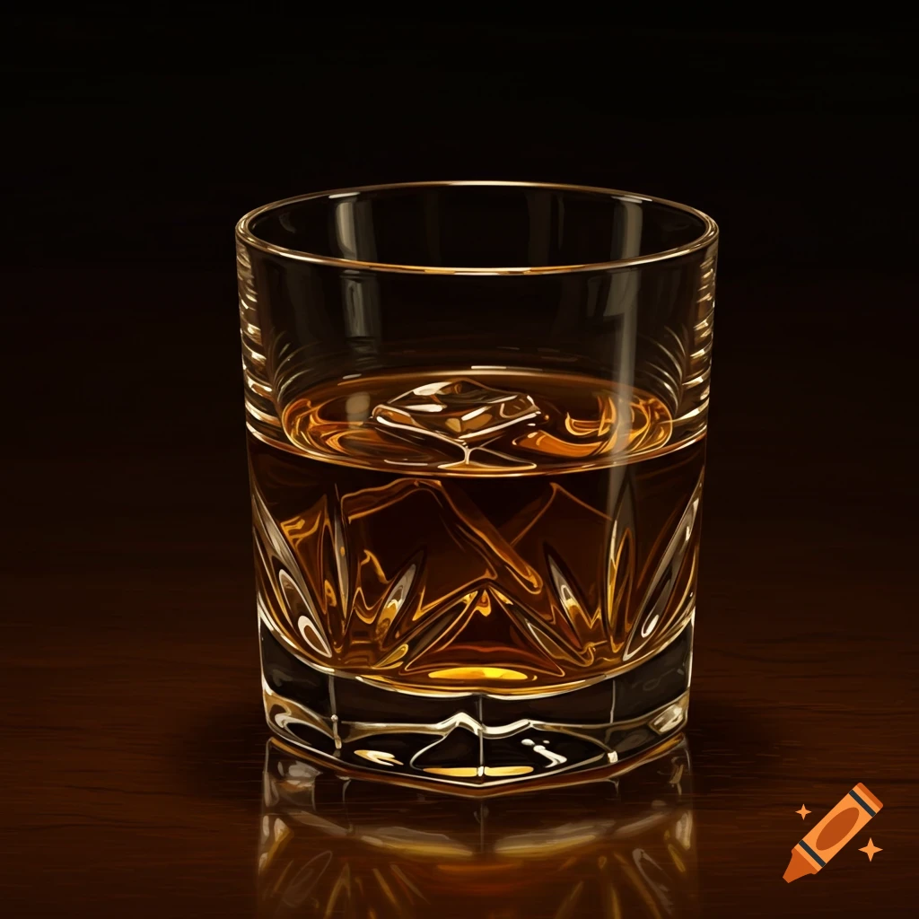 A detailed close-up of a glass of amber whiskey with an ice cube, sitting on a reflective dark wooden table.