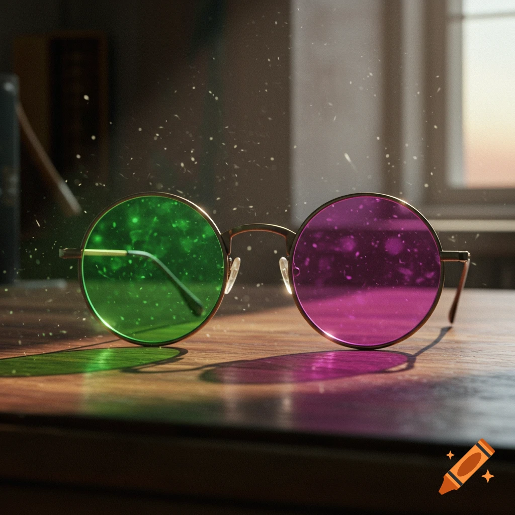 Photorealistic image of round glasses with one green and one purple lens on a wooden table, dust motes in sunlight.