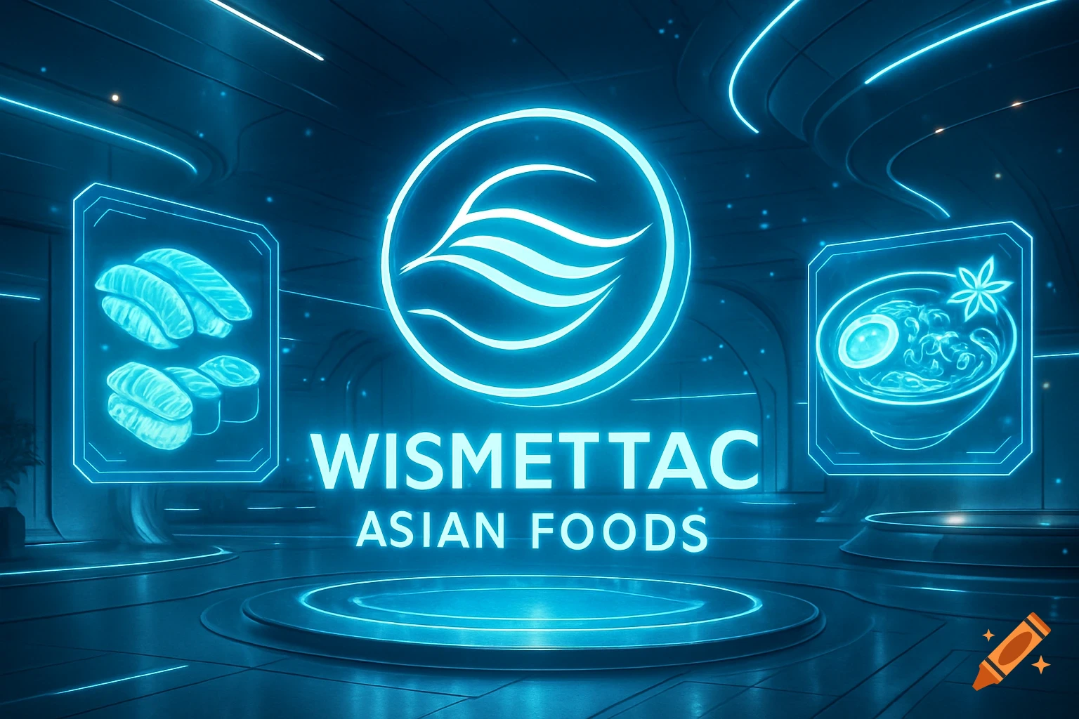 A futuristic neon logo for Wismettac Asian Foods, featuring sushi and ramen icons in a glowing blue, dark interior.