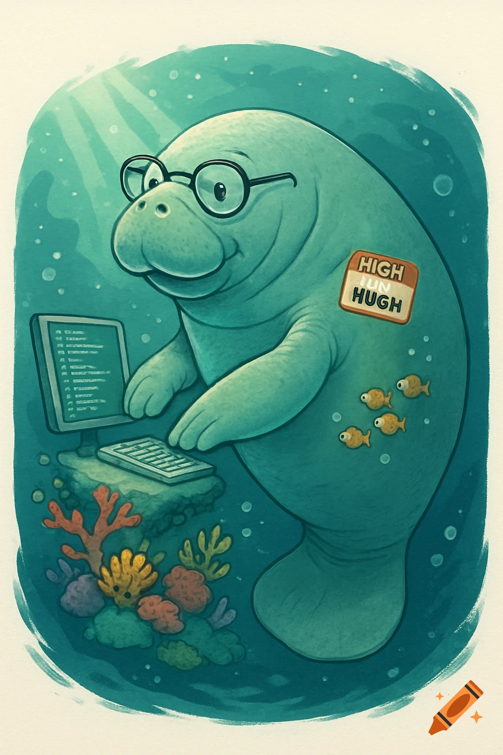A cartoon manatee with glasses typing on a computer underwater, with a nametag on its chest and fish swimming nearby.