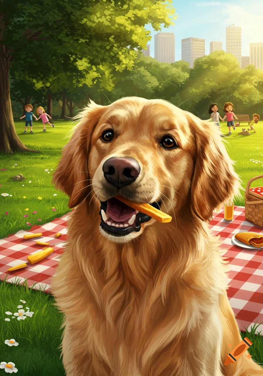 A golden retriever with a food stick in its mouth smiles at a picnic in a sunny park with children playing in the background, in an illustration style.