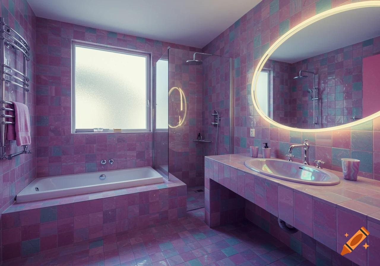 A luxurious bathroom with pink and teal vaporwave-colored tiles, an alcove bathtub, a shower stall, and a colorful sink.