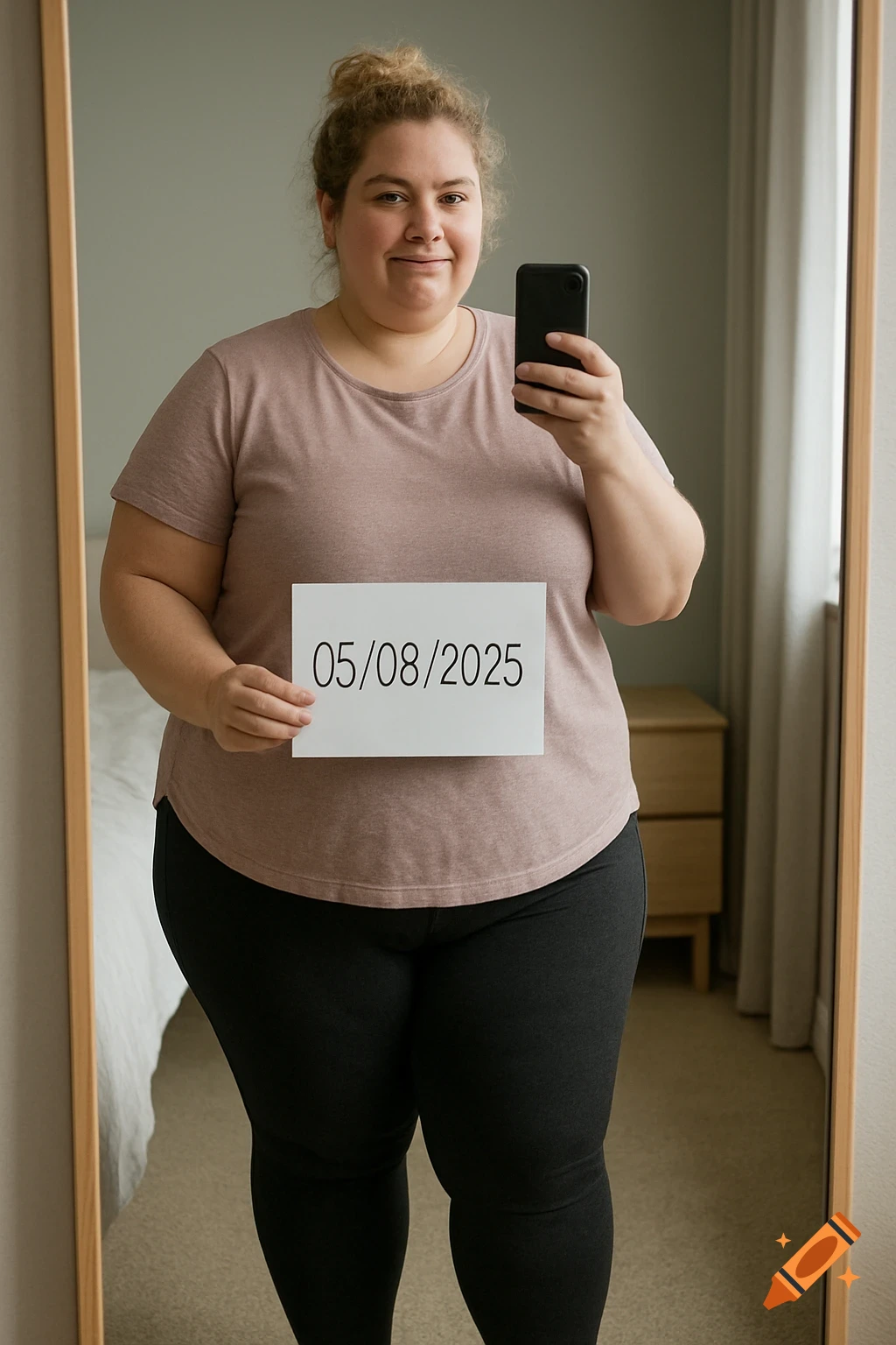 A smiling plus-size woman takes a mirror selfie in a t-shirt and leggings, holding a card with '05/08/2025' and a phone.