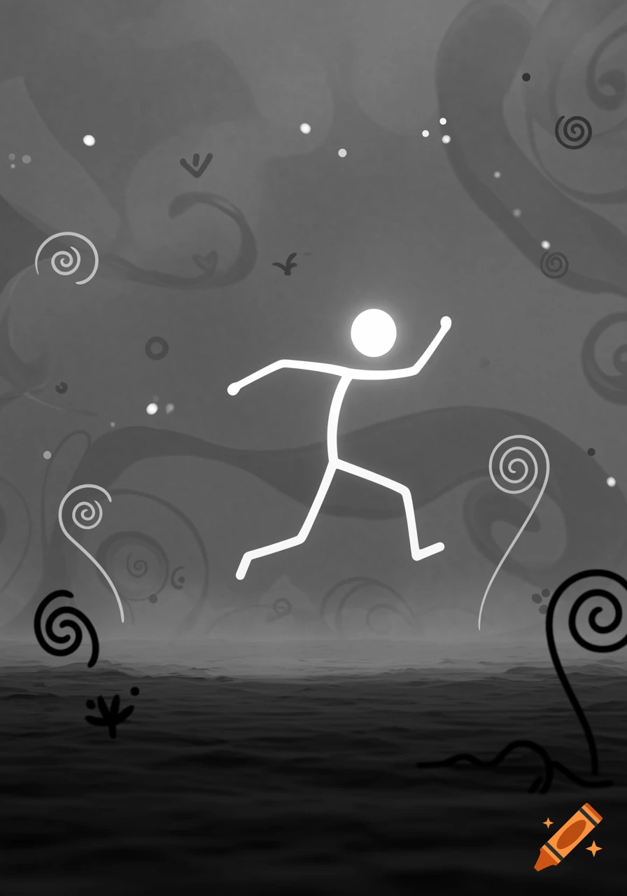 A glowing white stick figure runs across a dark, wavy surface against a swirling, misty background with abstract patterns and scattered light dots.