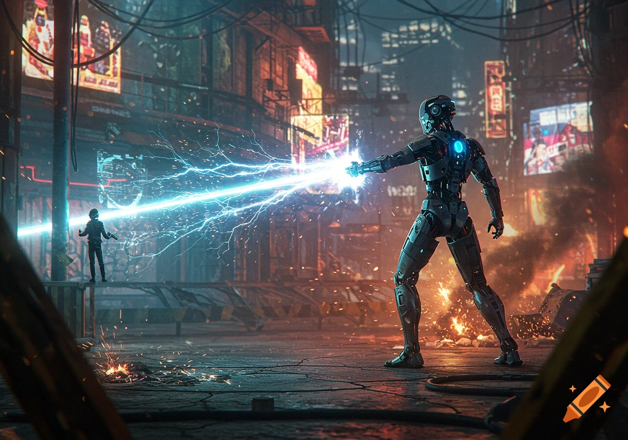 A robot shoots a blue energy beam at a small figure in a dark, futuristic cyberpunk city with glowing billboards.