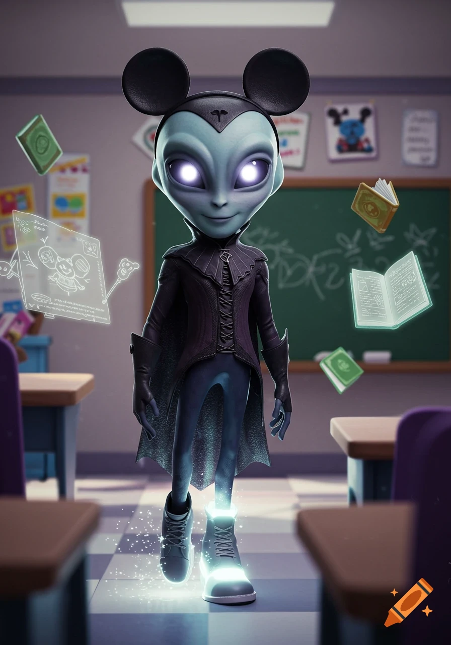 A 3D cartoon alien with glowing eyes and Mickey Mouse ears, dressed in gothic attire, walks in a classroom with glowing shoes and floating books.