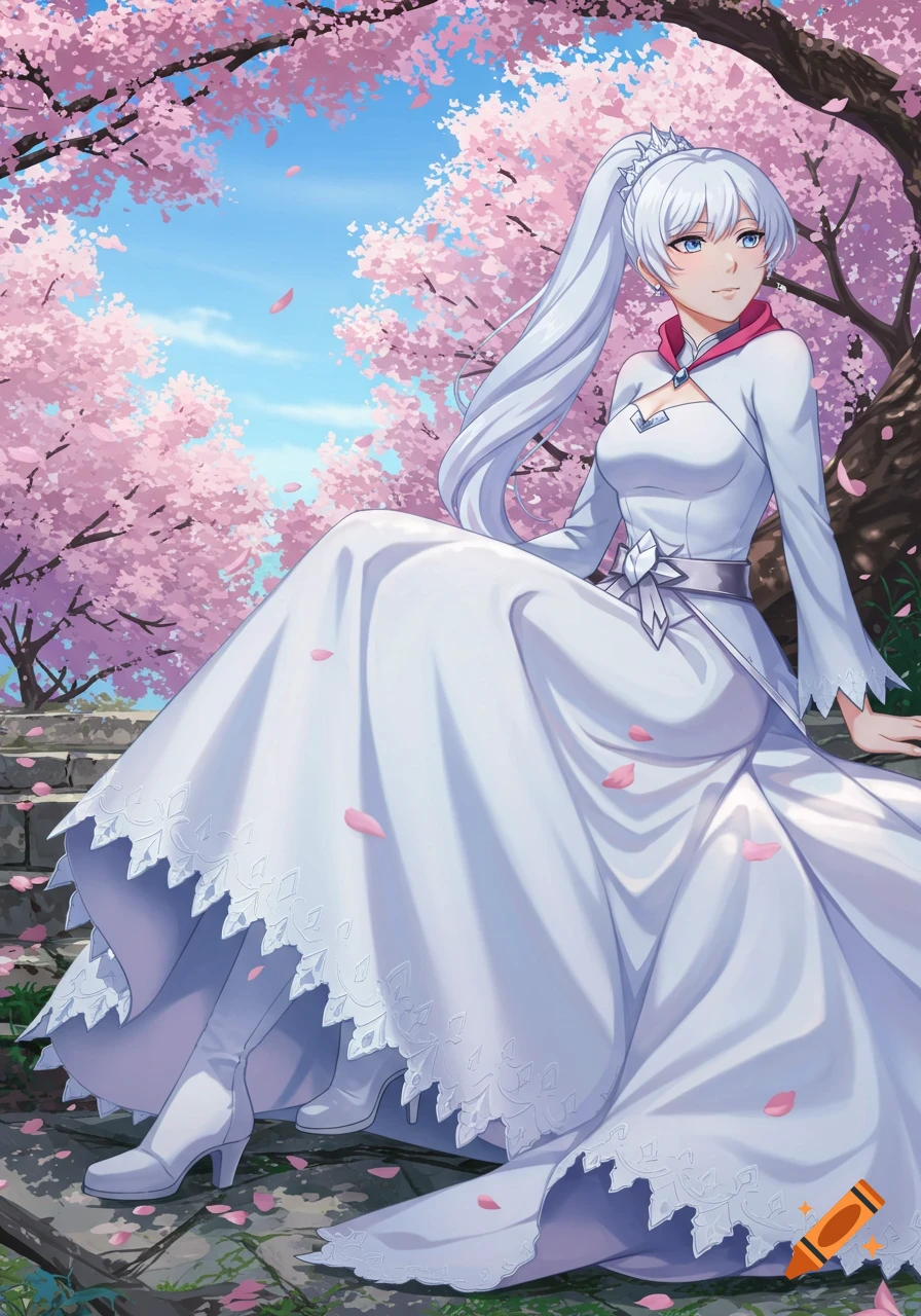 An anime girl with long white hair and a white dress sits under pink cherry blossom trees with petals falling.