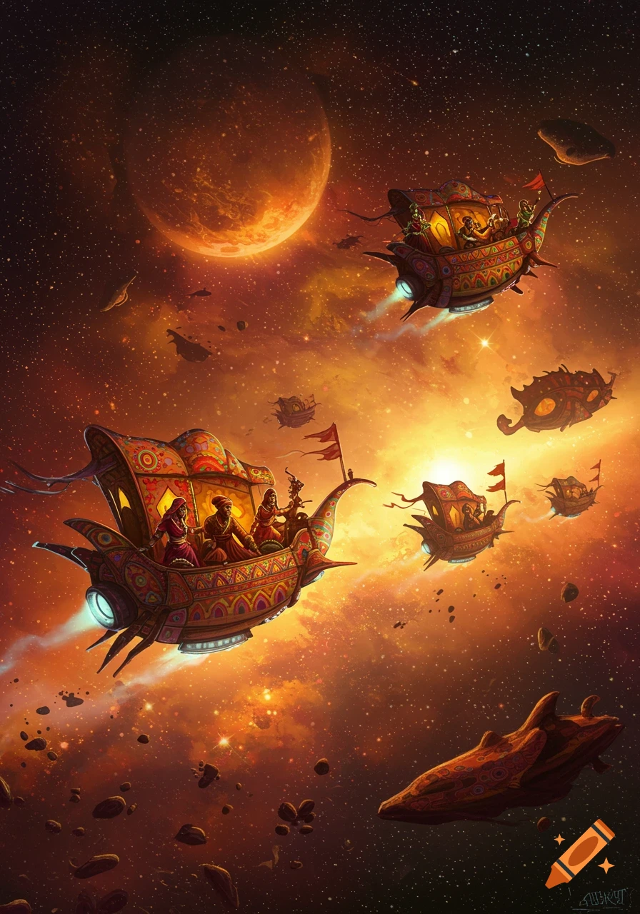 Ornate, colorful space chariots with people in traditional attire fly through a star-filled galaxy with a large orange planet.