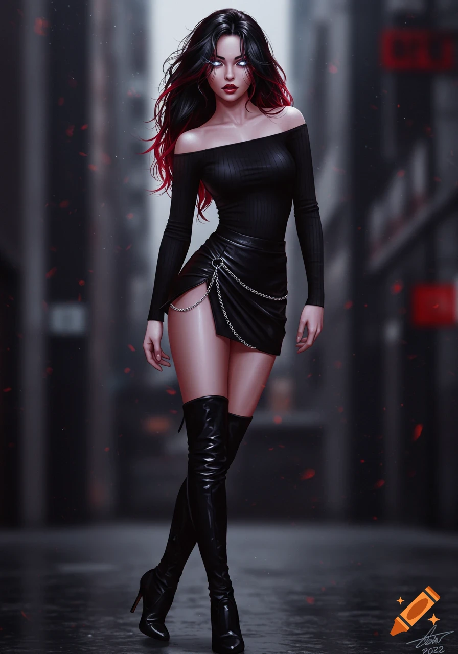 A stylized woman with black and red hair, glowing eyes, black off-shoulder top, mini skirt with chains, and thigh-high boots stands in a dark alley.