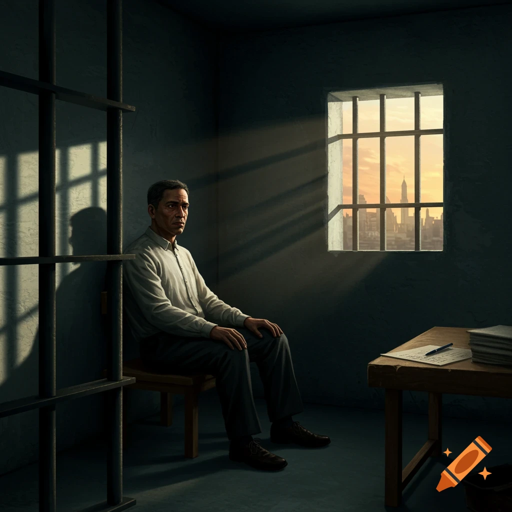 A pensive man sits on a chair in a dimly lit prison cell, gazing towards sunlight streaming through a barred window revealing a city skyline.