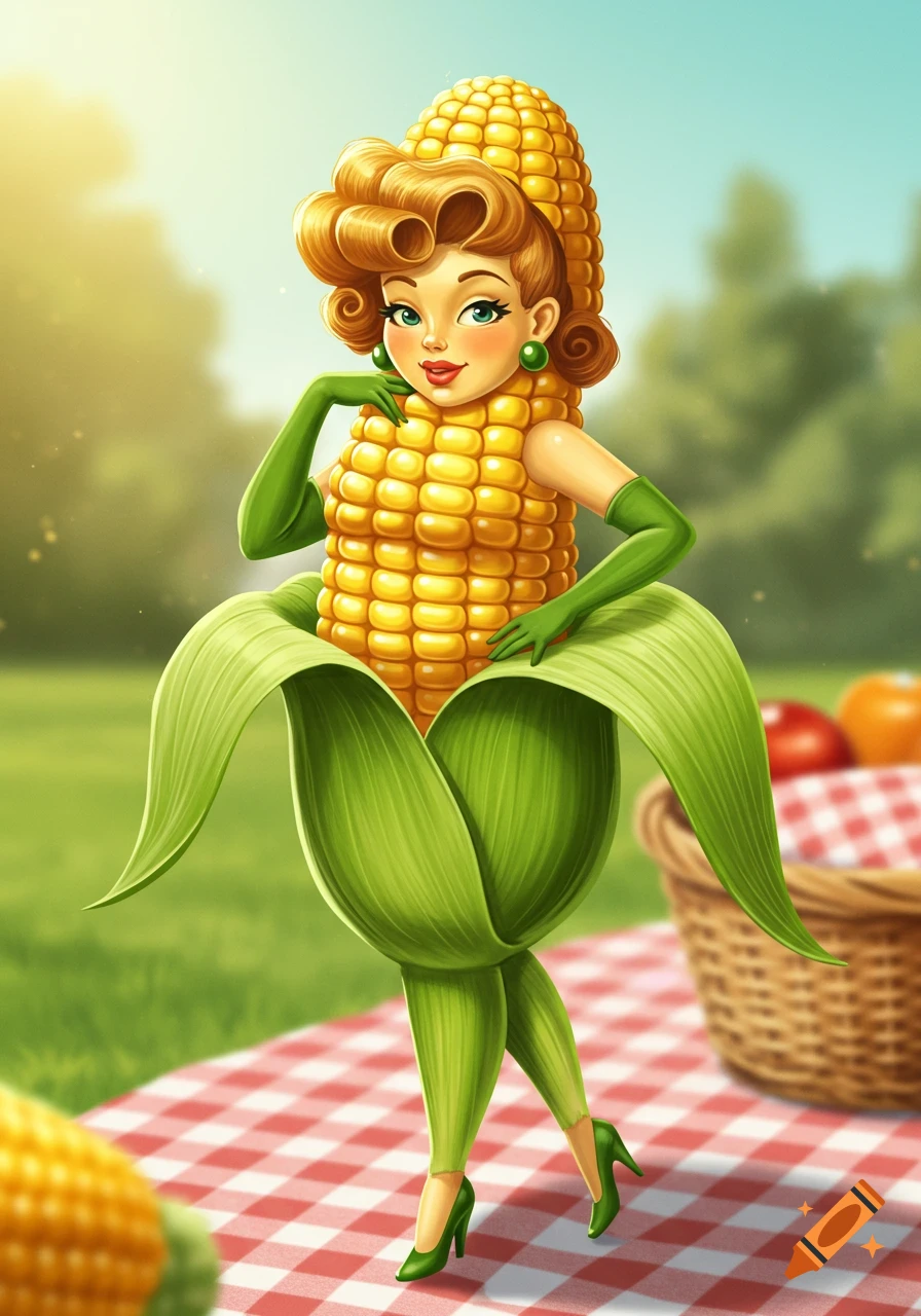 A pin-up style cartoon woman dressed as a corn cob poses on a red and white checkered picnic blanket in a sunny outdoor setting.