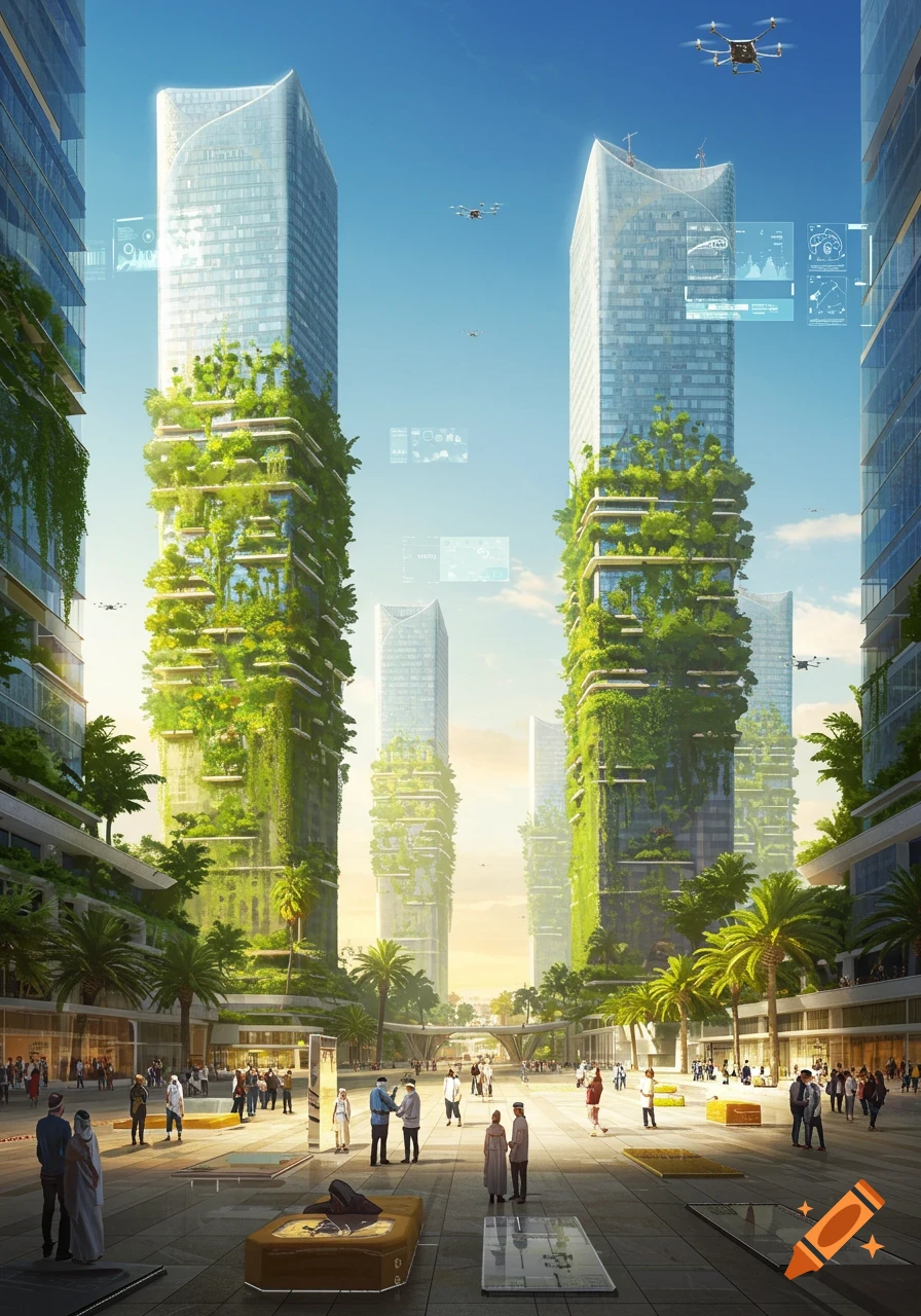 A vibrant, futuristic city square with lush green skyscrapers, palm trees, and people, under a clear blue sky with drones.