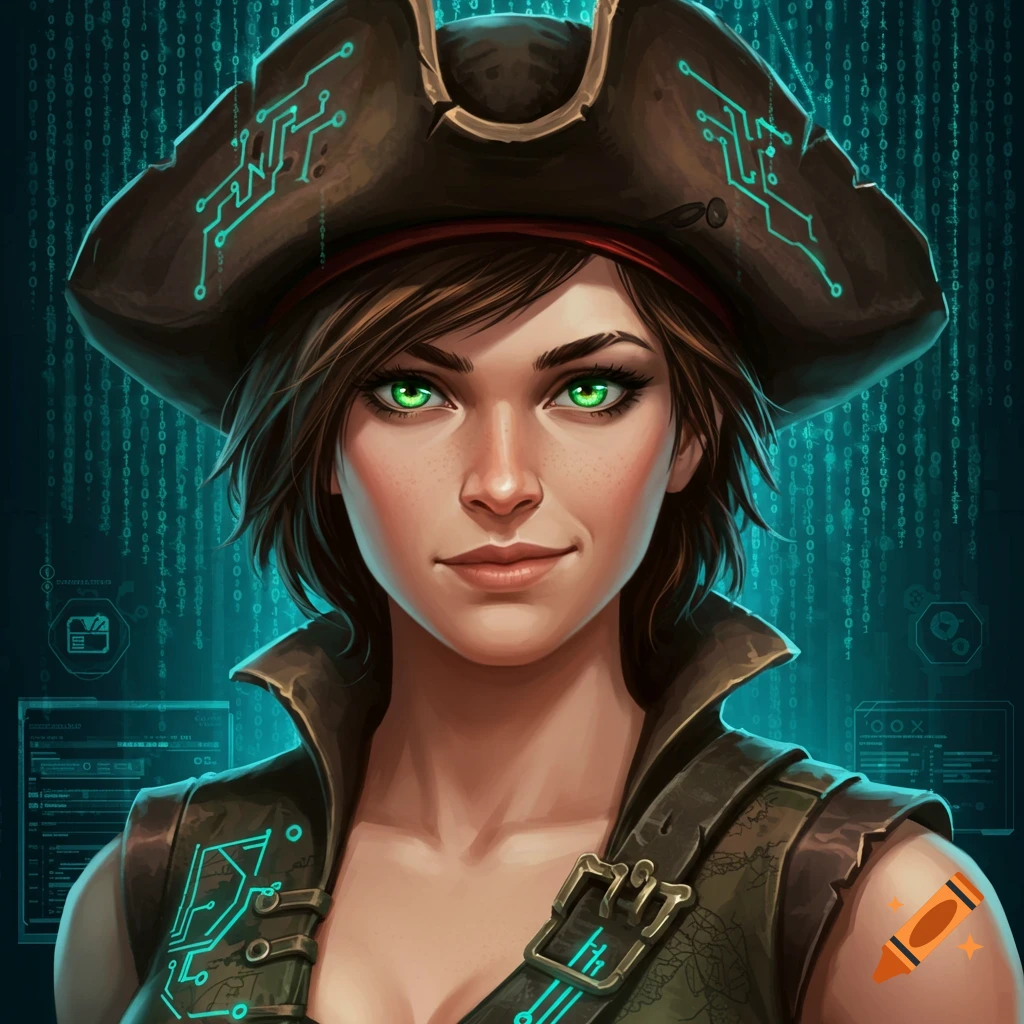 Stylized portrait of a woman with short brown hair, bright green eyes, wearing a pirate hat and vest, against a digital matrix background.