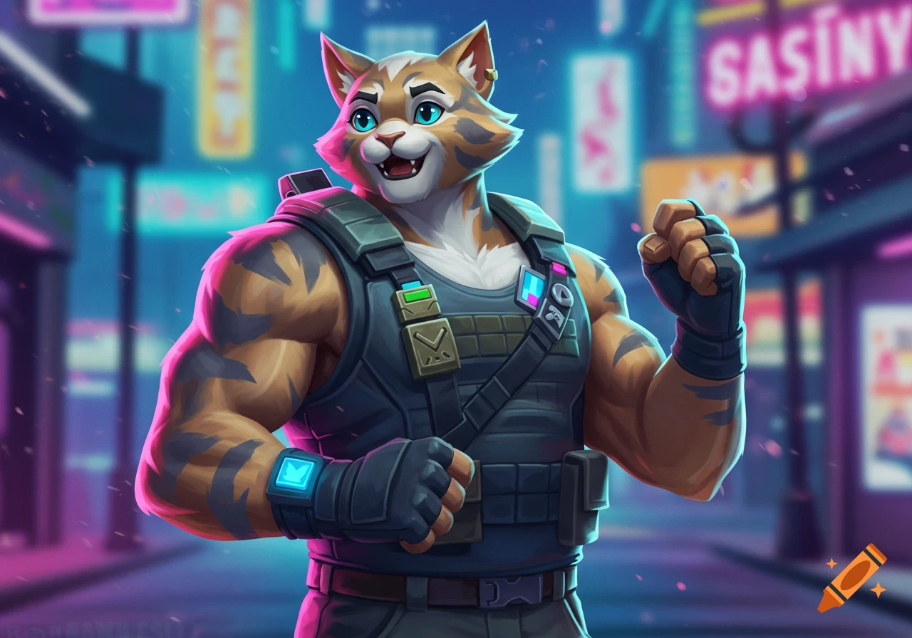 Muscular anthropomorphic cat Meowscles from Fortnite flexes with a smile in a neon-lit cyber city in a cartoonish art style.