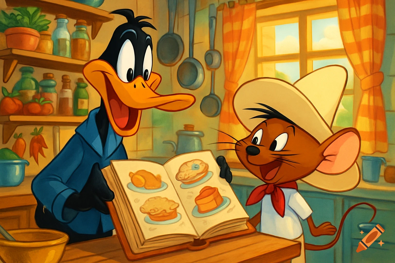 Daffy Duck and Speedy Gonzales look at a cookbook in a brightly lit kitchen, cartoon style.
