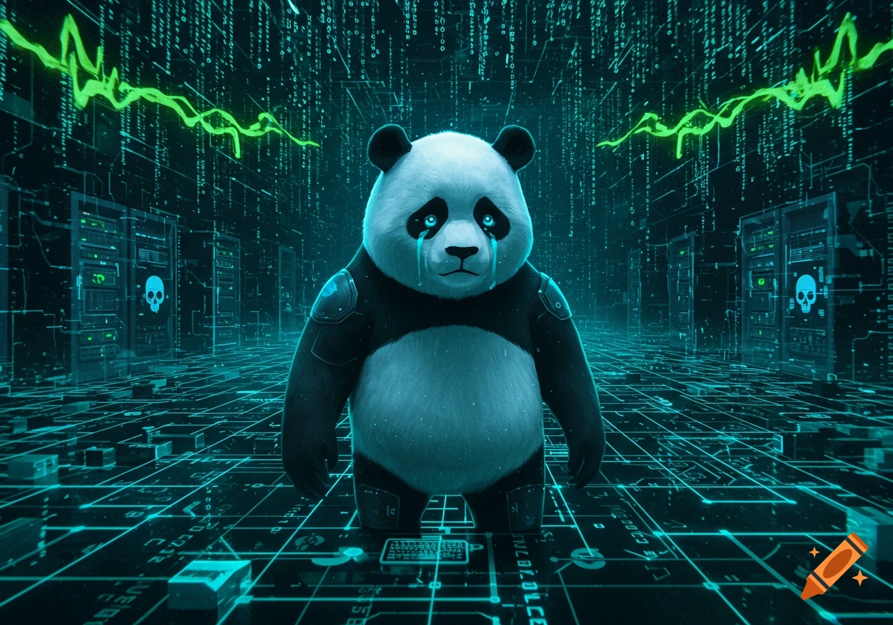A sad panda with glowing blue eyes cries in a dark, neon green and blue cybernetic server room with digital code falling and skull symbols.