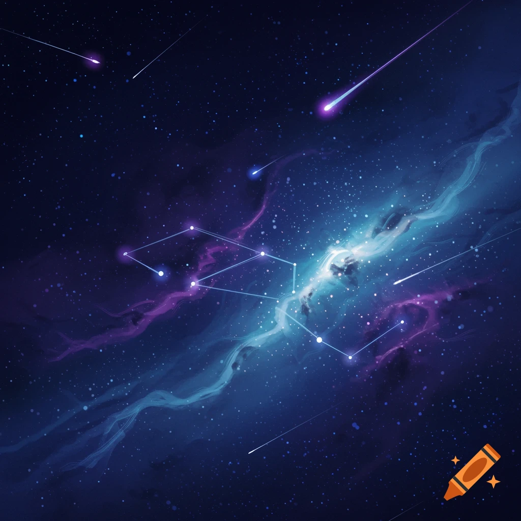 A vibrant blue and purple galaxy with bright white stars, geometric constellations, and glowing shooting stars against a dark cosmic background.