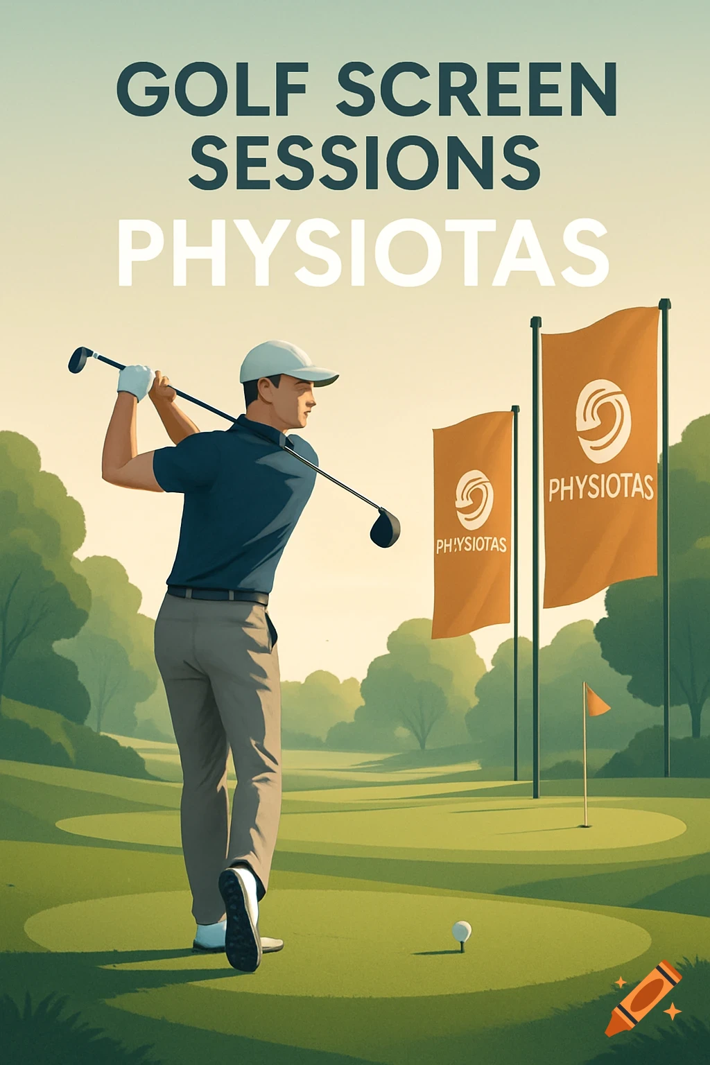 A man in a cap swings a golf club on a green course with two large orange flags featuring text. Text overlay reads "GOLF SCREEN SESSIONS PHYSIOTAS".