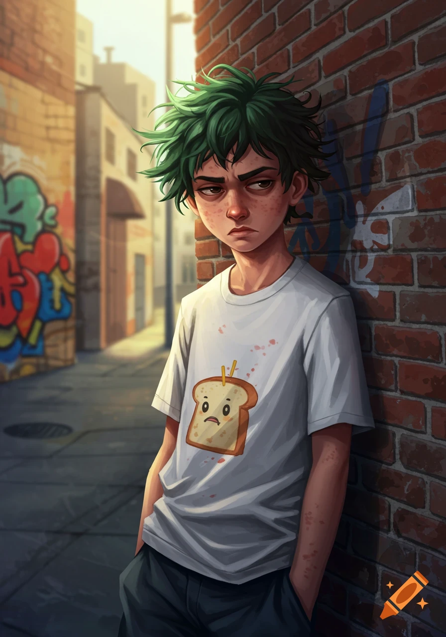 An anime-style young male with messy green hair and a grumpy expression leans against a brick wall in a city alley, wearing a white t-shirt with a sad toast icon.