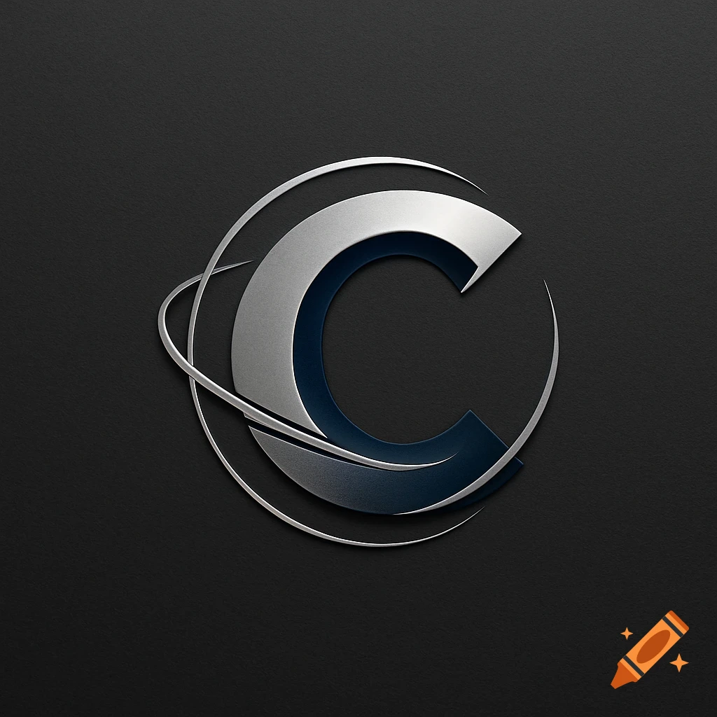 Metallic, stylized letter C logo with swirling lines on a dark textured background.