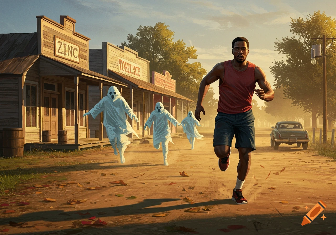 A man in a red tank top and shorts runs on a dirt road, chased by three figures in white ghost costumes, through an old western town with wooden buildings.
