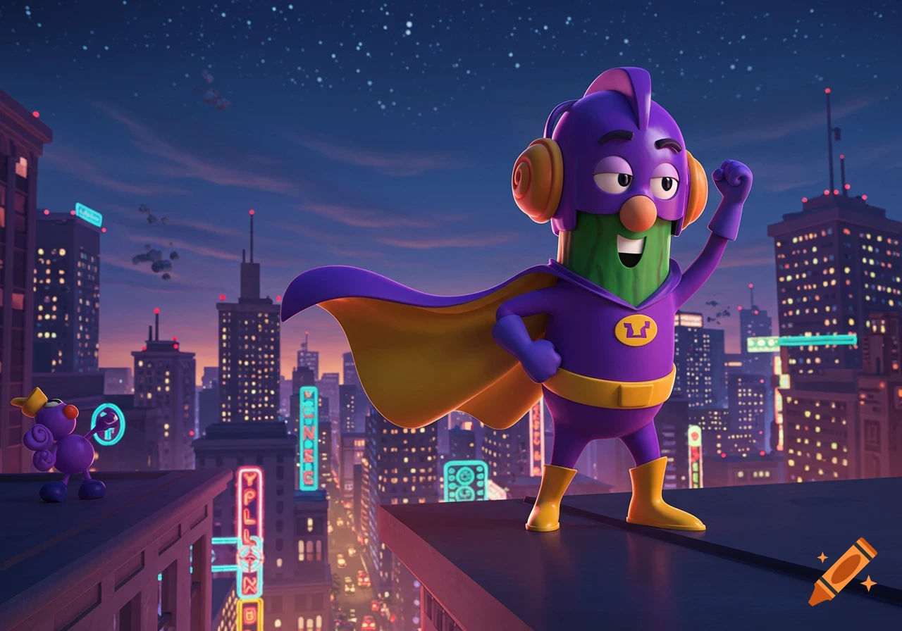 A cartoon superhero cucumber, LarryBoy, stands on a rooftop overlooking a city at dusk, striking a heroic pose.