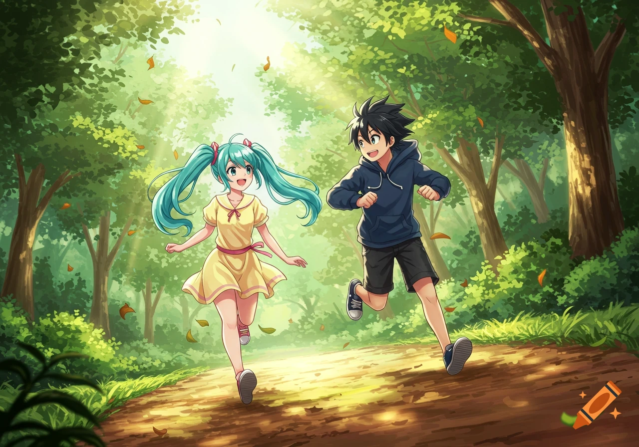Two anime characters, a girl with teal pigtails and a boy, happily run through a sunlit forest.