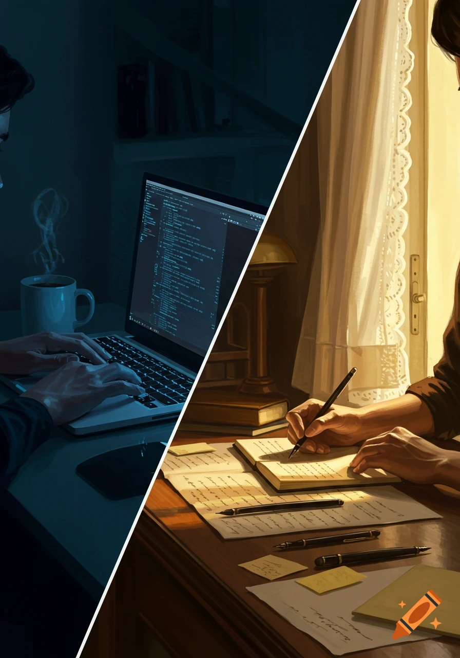 A split image showing a person typing on a laptop with code on the screen on the left, and a person writing in a notebook with pens and papers on a desk on the right.