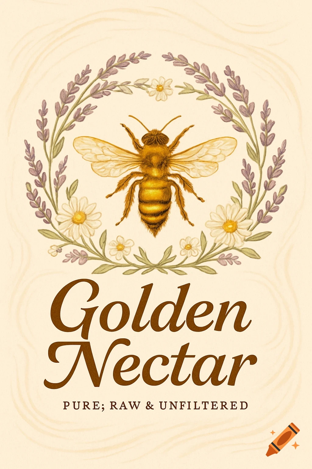 An illustrated honey label featuring a bee surrounded by a wreath of lavender and daisies, with 'Golden Nectar' text.