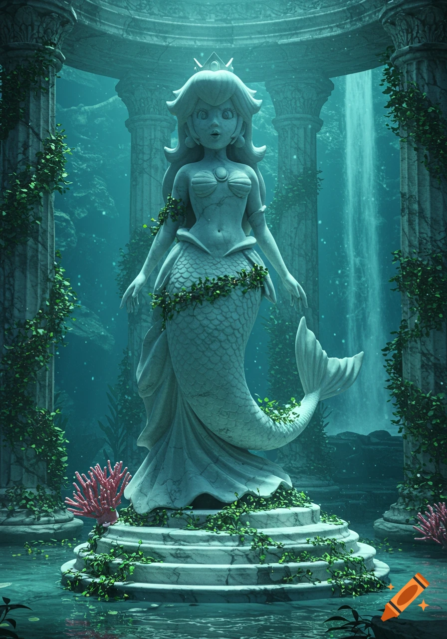 Marble statue of Mermaid Princess Peach entwined with vines in an ancient underwater ruin with columns and a waterfall.