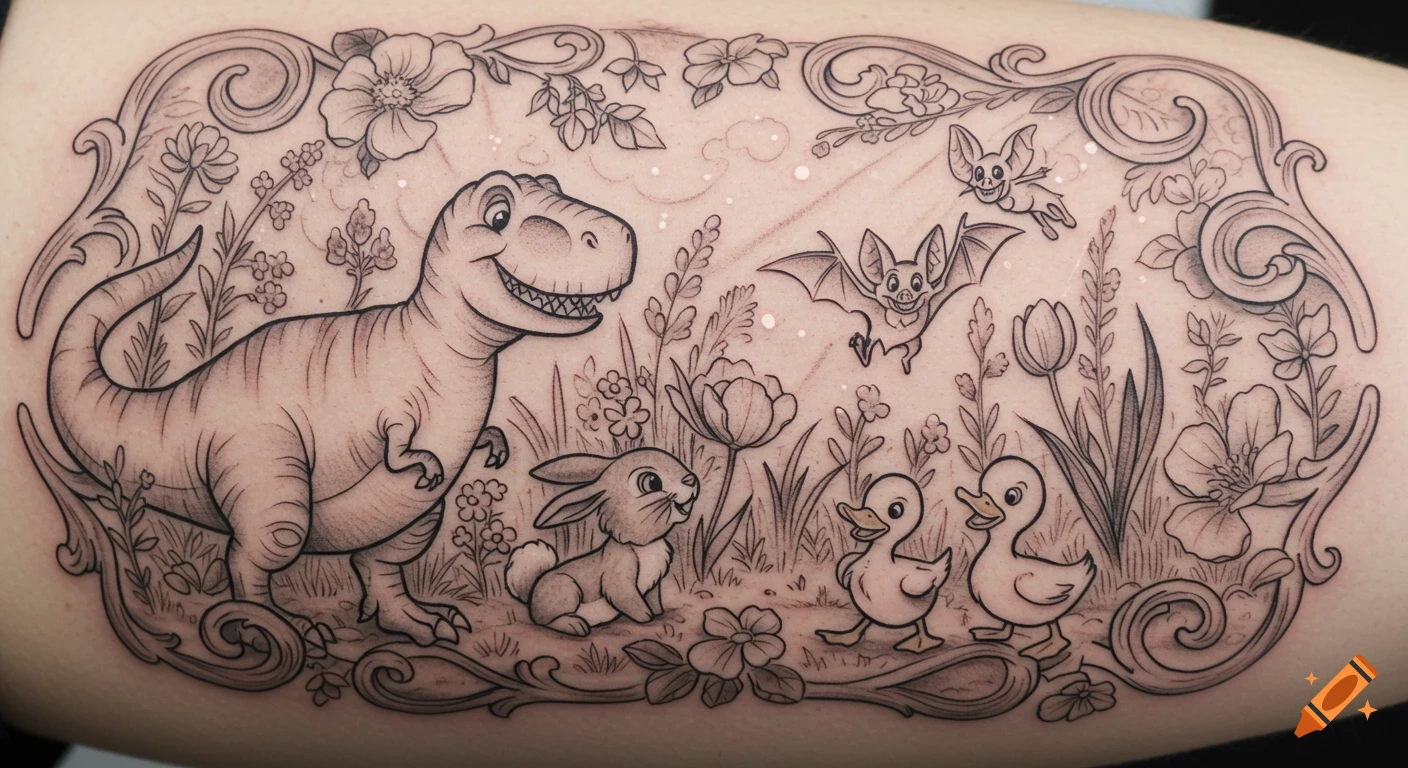 Black and grey tattoo of a smiling cartoon T-Rex, bunny, bats, and ducklings in a whimsical garden with flowers and ornate frame.