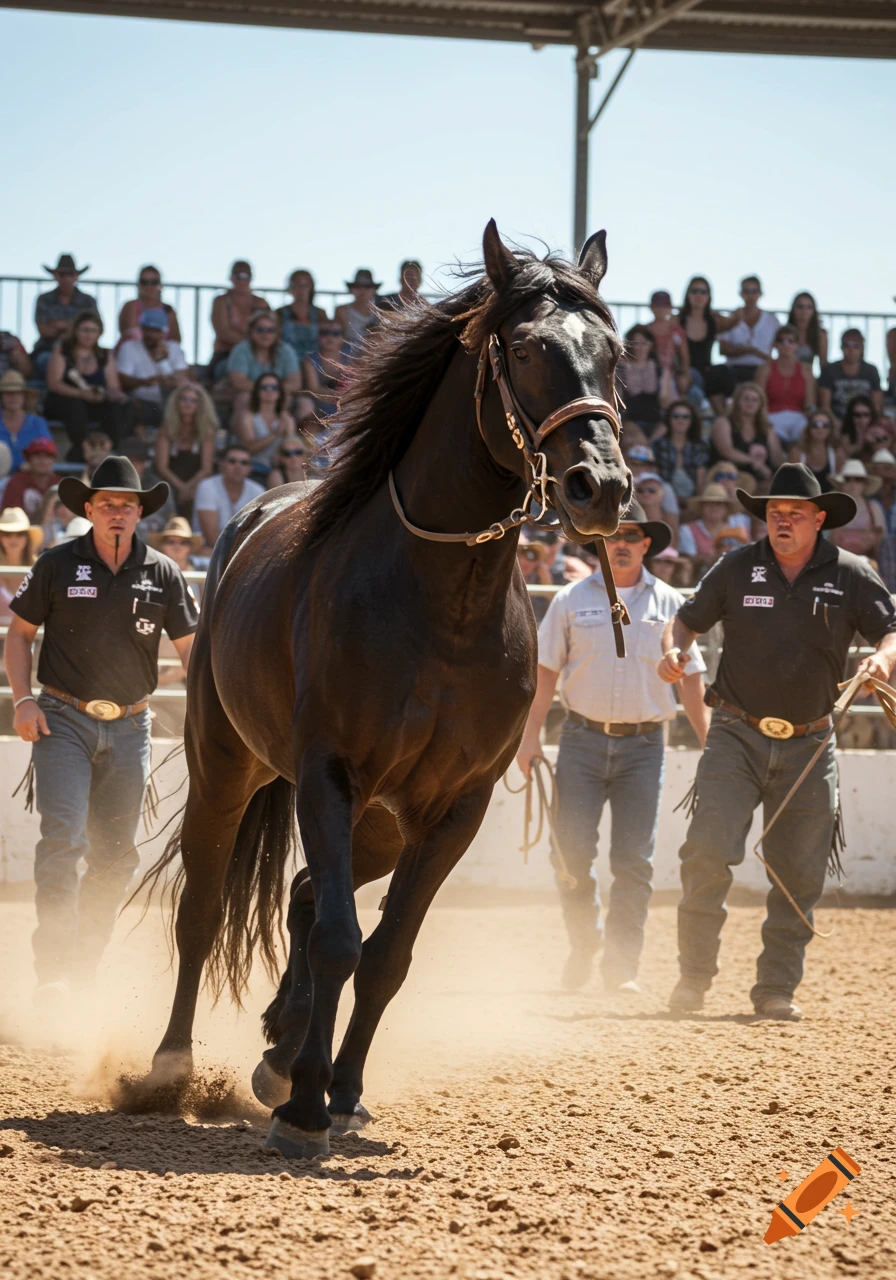 A powerful black stallion kicks up dust as it runs through a sunlit outdoor rodeo arena, led by two cowboys, with a cheering crowd in the background.