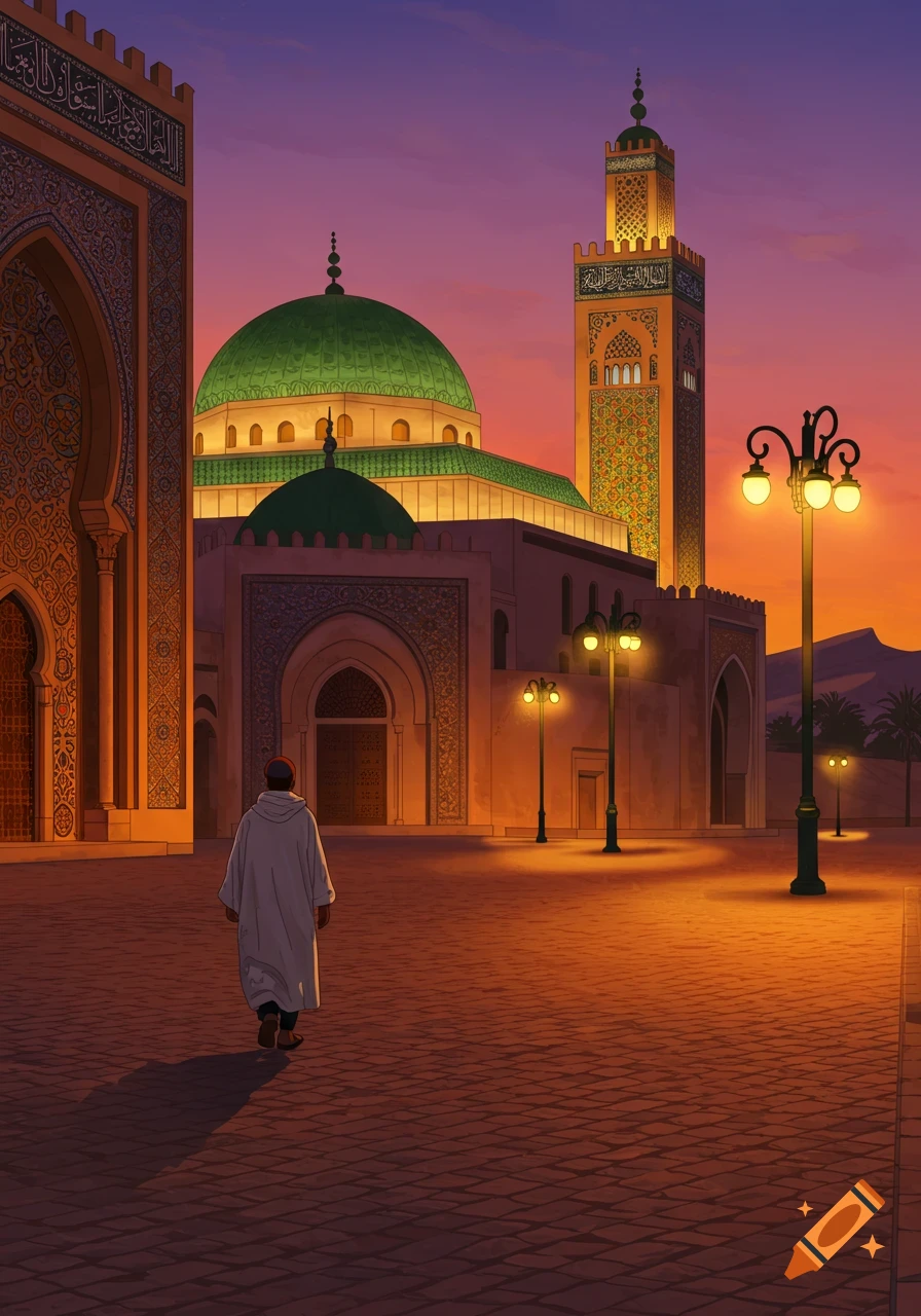 A man in a white robe walks towards a grand mosque with a green dome and tall minaret at sunset, in a stylized illustration.