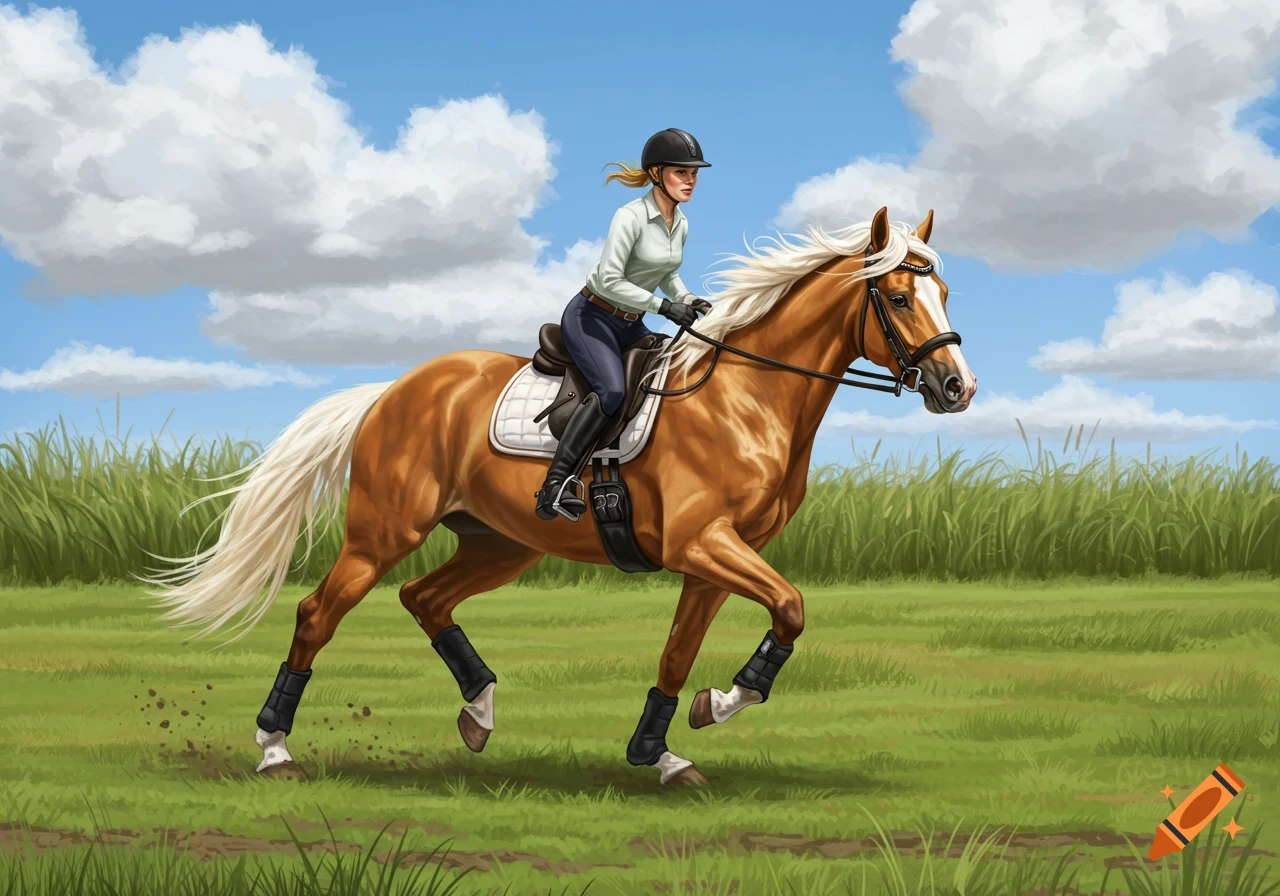 A person on a palomino horse gallops through a green field under a sunny, cloudy sky.