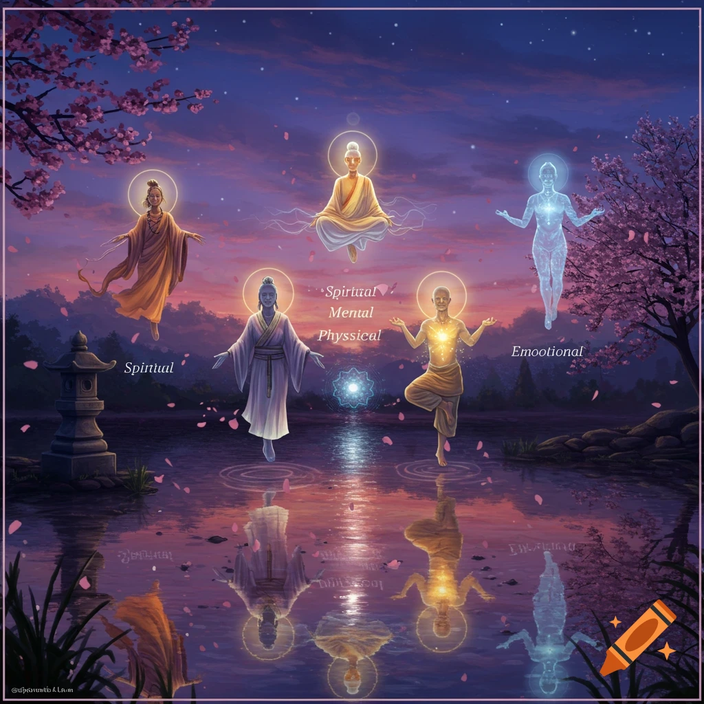 Five glowing spiritual figures float above and around a peaceful pond at sunset, surrounded by cherry blossoms and falling petals.