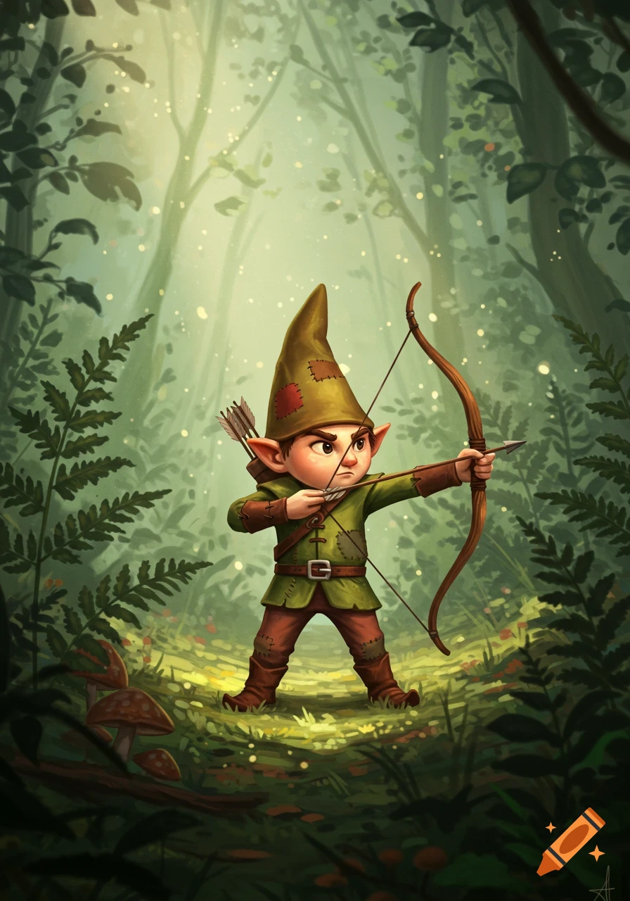 A cute, stylized gnome with a pointy hat and green tunic, holding a bow and arrow, stands in a vibrant, sun-dappled forest.
