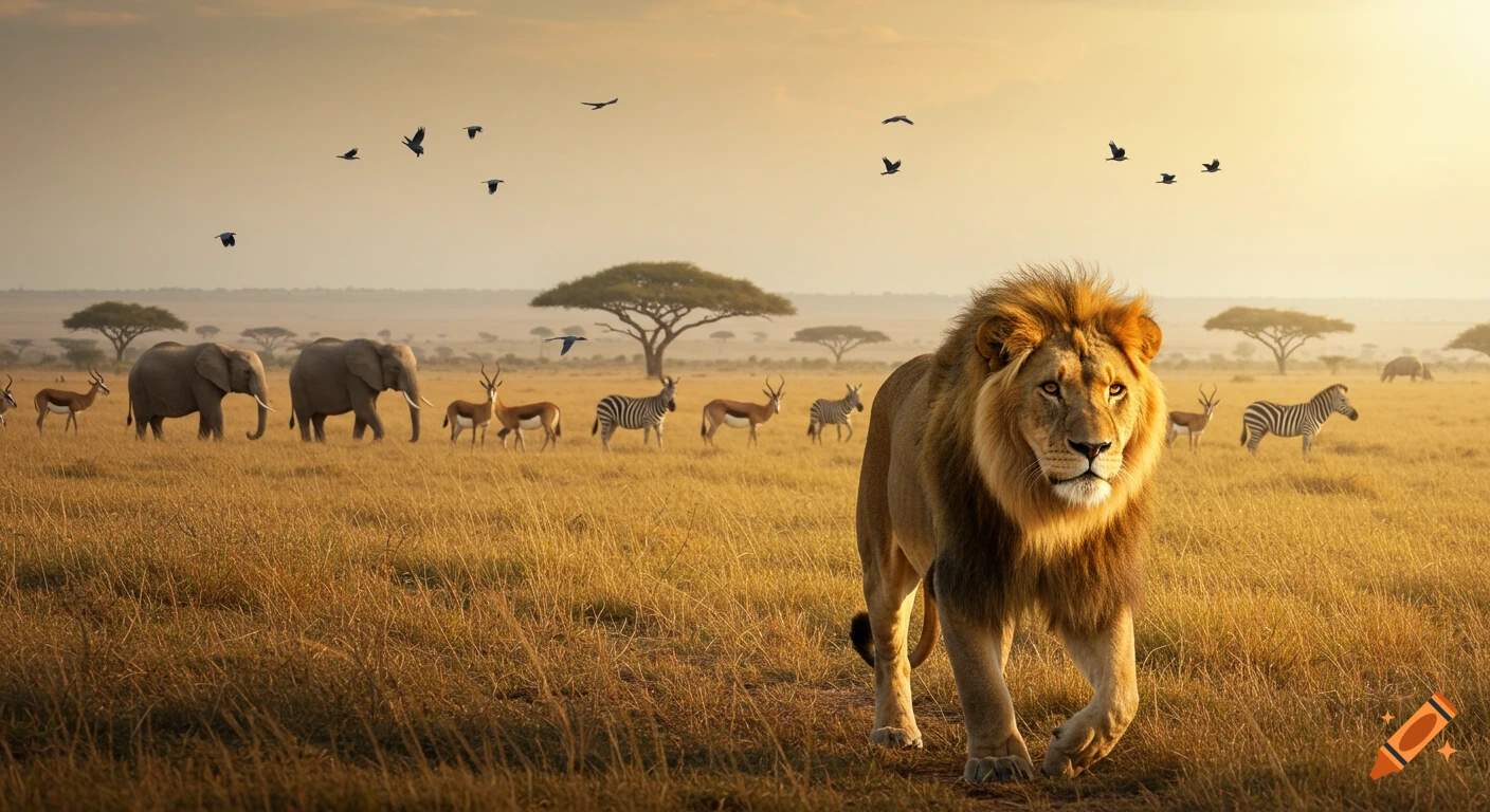 A majestic lion walks through a golden savanna at sunset, with elephants, zebras, antelopes, and birds in the background.